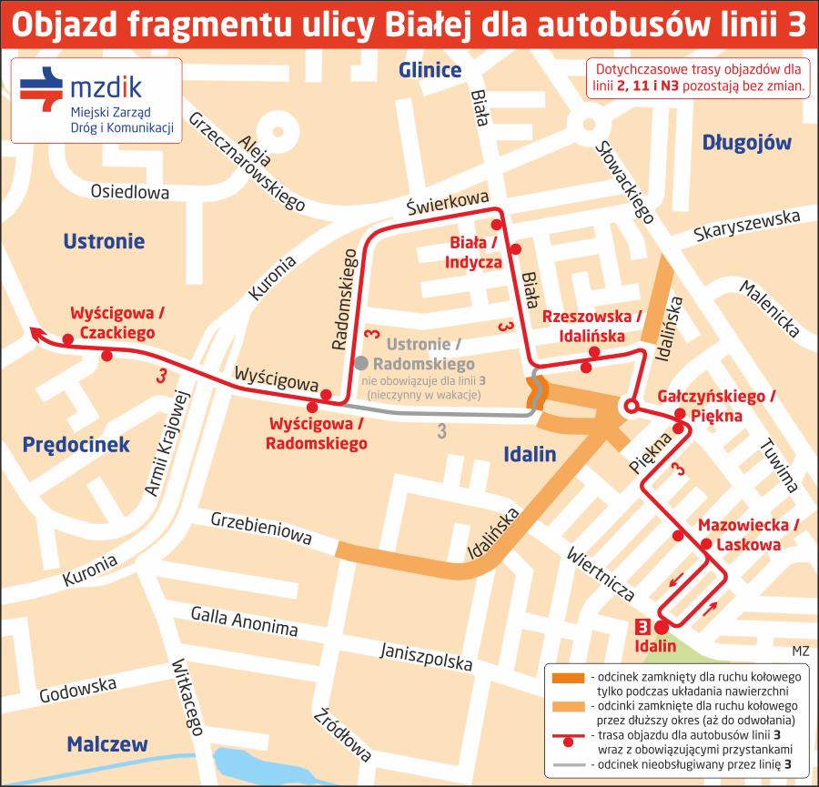 Objazd fragmentu ulicy Białej dla autobusów linii 3