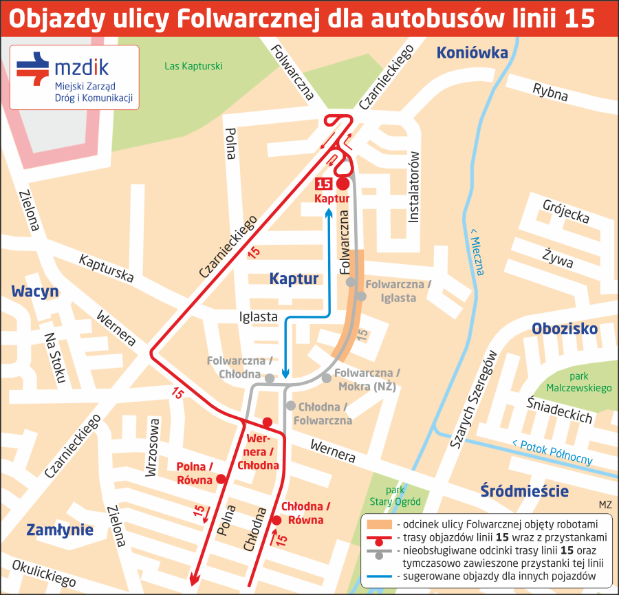 Objazdy ulicy Folwarcznej dla autobusów linii 15
