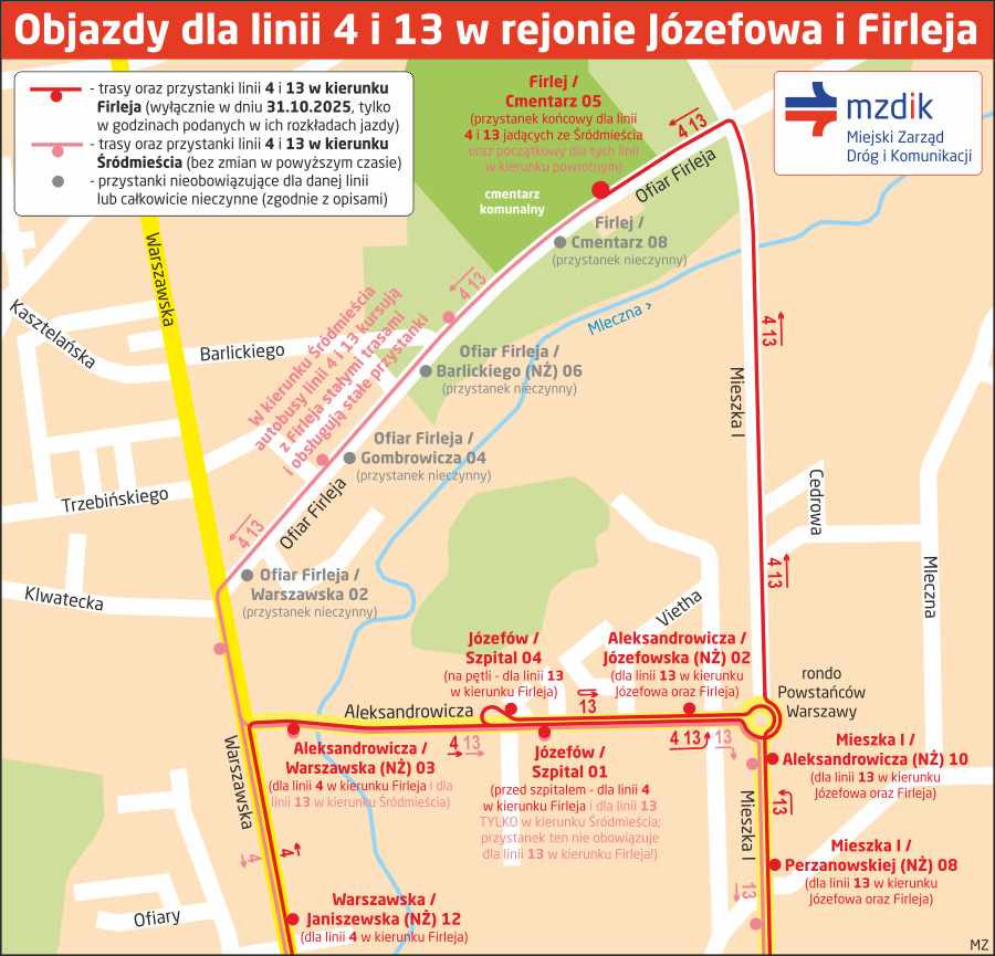 Objazdy dla linii 4 i 13 w rejonie Józefowa i Firleja