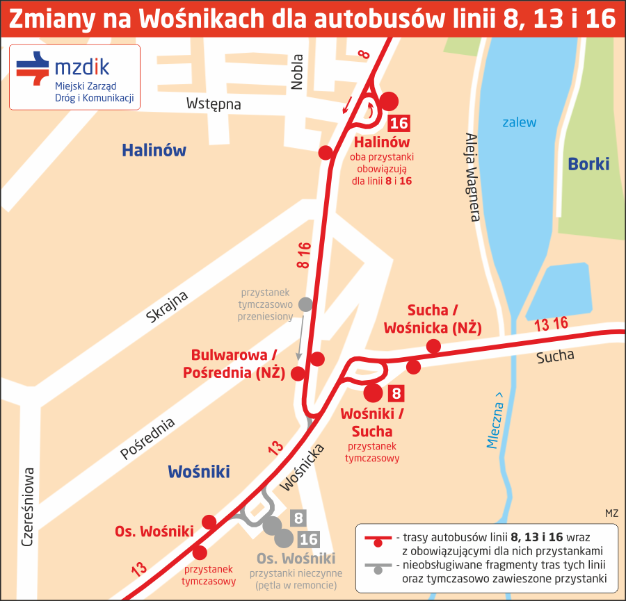 Zmiany na Wośnikach dla autobusów linii 8, 13 i 16