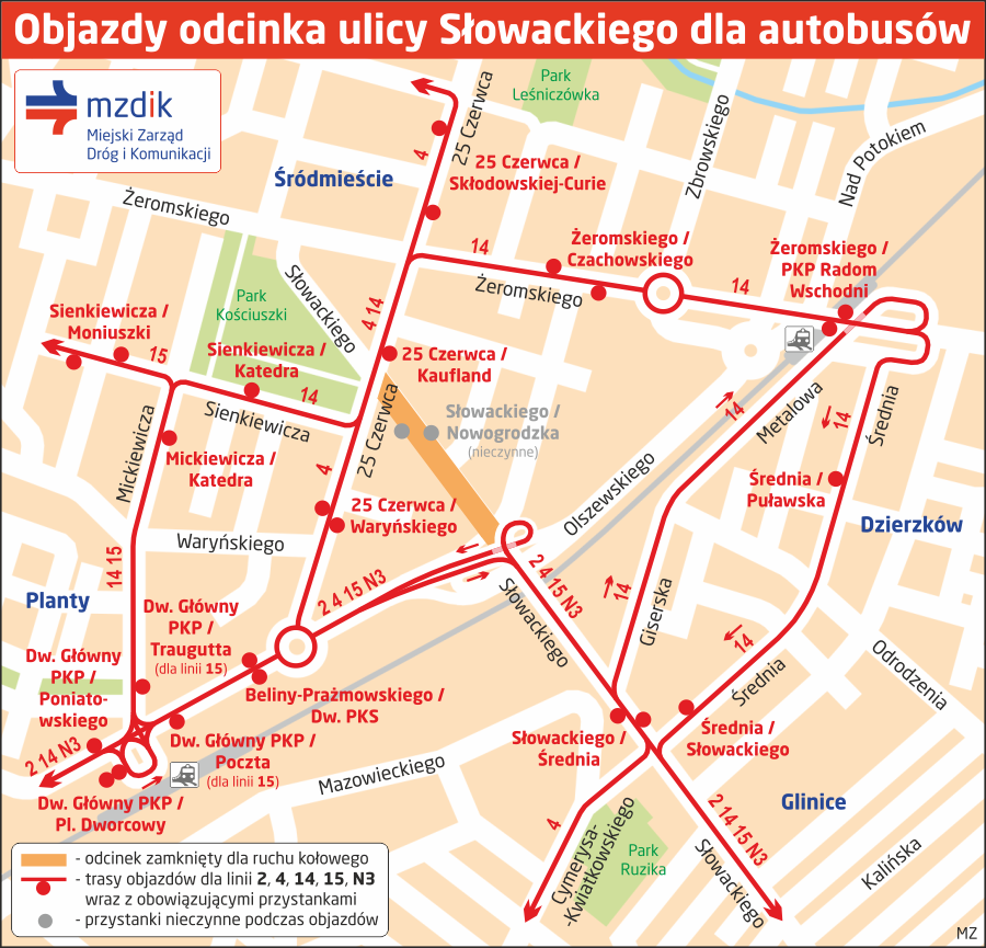 Objazdy odcinka ulicy Słowackiego dla autobusów