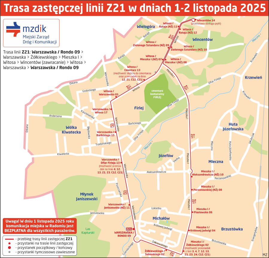 Trasa zastępczej linii Z21 w dniach 1-2 listopada 2025