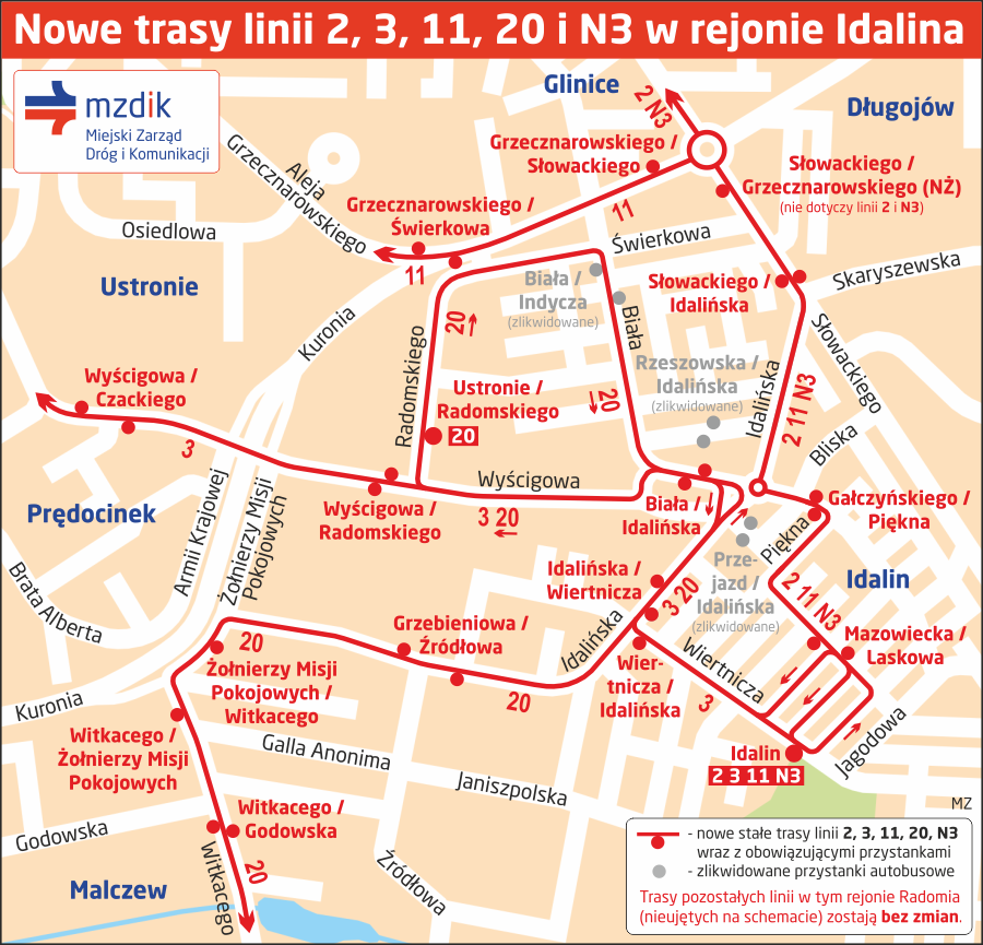 Nowe trasy linii 2, 3, 11, 20 i N3 w rejonie Idalina