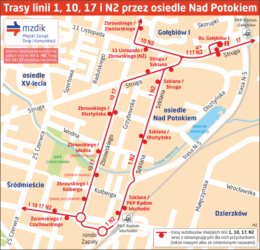 Trasy linii 1, 10, 17 i N2 przez osiedle Nad Potokiem
