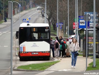 Pasażerowie na przystanku w pobliżu marketu.