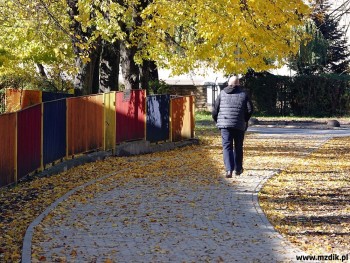 Nowy trotuar obok żłobka w jesiennej scenerii.